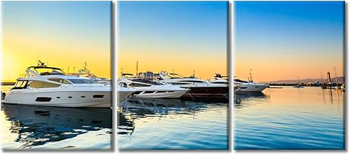 3 paneles de yates de lujo, impresiones en lienzo de paisaje marino, paisaje marino, pinturas artísticas de pared, barcos a motor, cuadros estirados
