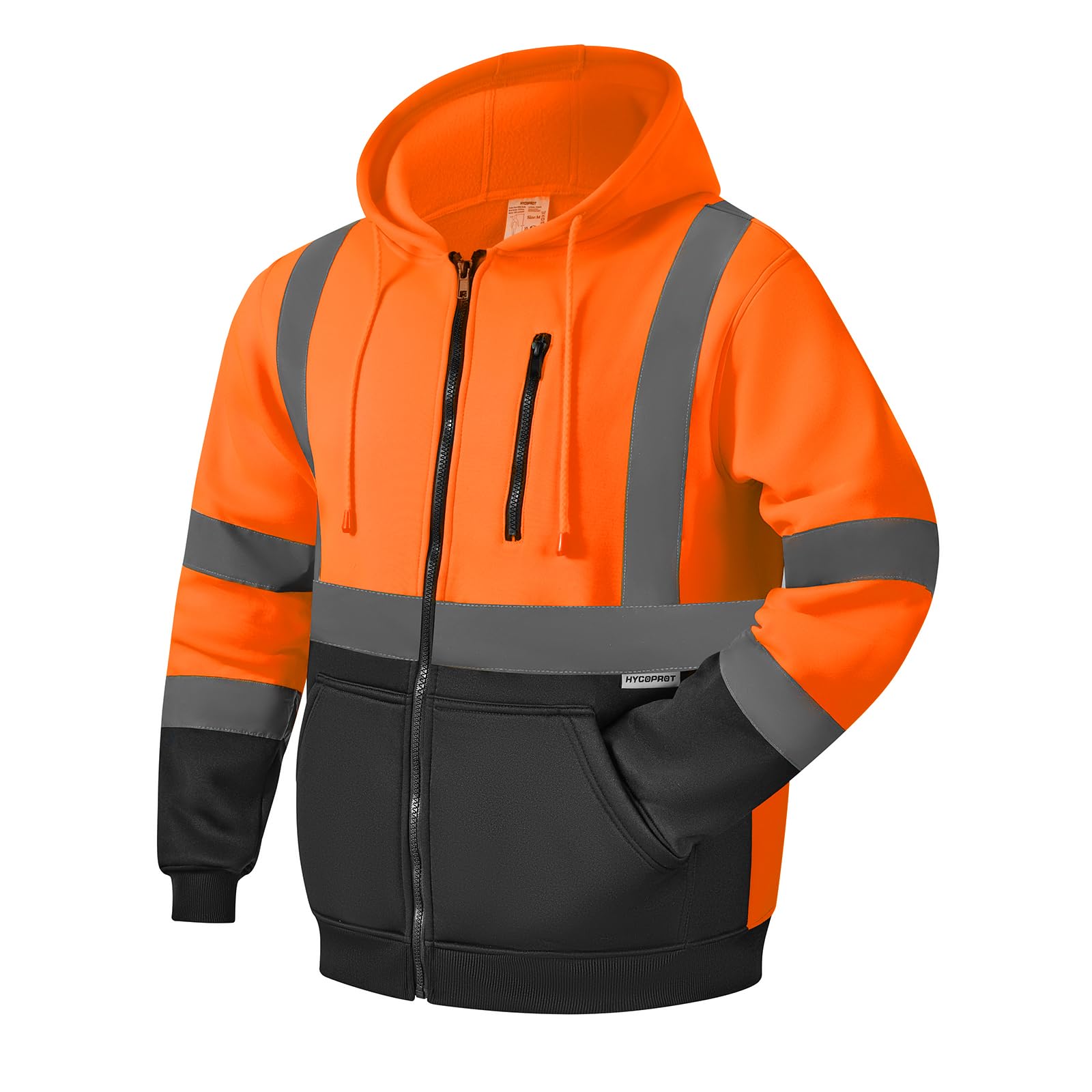 HYCOPROT Felpa ad Alta visibilità per Uomo Hi Vis Viz Felpa con Cappuccio di Sicurezza Felpa Leggera Giacca da Lavoro Riflettente Tasche Cappotto di Sicurezza con Cerniera e Coulisse EN ISO 20471