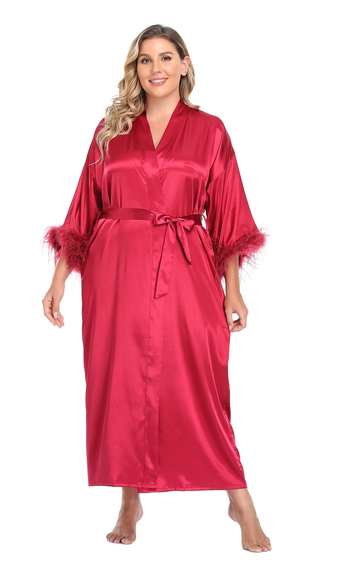 Photo 1 of MissNina Women's Long Satin Kimono Robe with Ostrich Feather Trim Silk Robes Full Length Sleepwear Wedding Bridesmaid Robe, Long