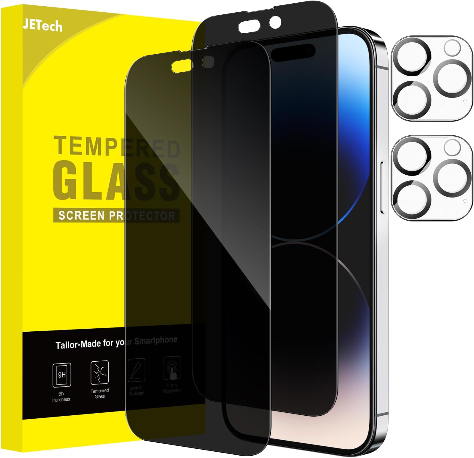 JETech Privacy Full Coverage Screen Protector for iPhone 14 Pro 6.1-Inch with Camera Lens Protector, Anti-Spy Tempered Glass Film, 2-Pack Each