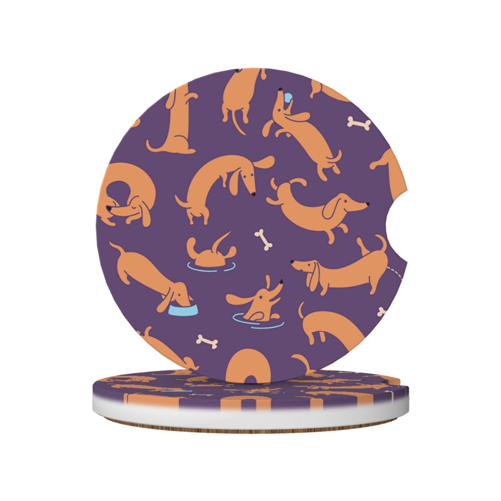 Playing Dachshund, Car Cup Holder Coasters 2 Pack, Absorbent Ceramic Car Coasters with Non Slip Cork Base