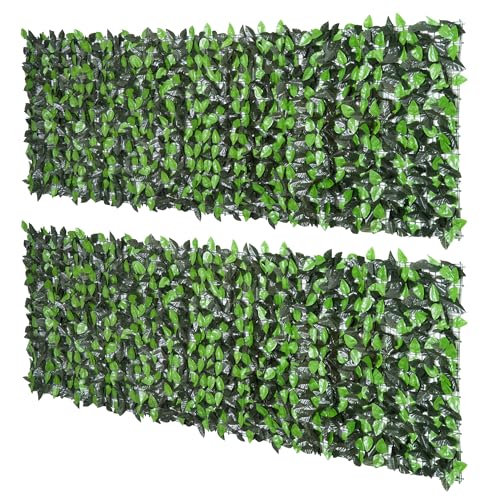 Outsunny Lot de 2 Haies artificielles Feuilles de Laurier - Treillis Extensible - Brise-Vue canisse végétale Feuillage réaliste dim. 3L x 1H m PE Anti-UV Vert