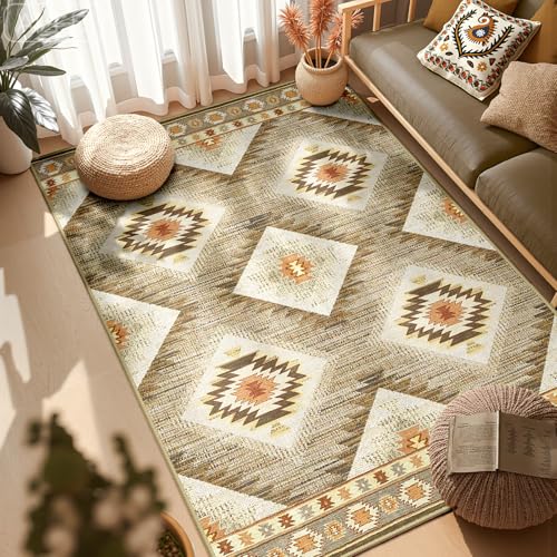 Area Rug 5x7 Rug Machine Washable Non-Slip Low Pile Print Pattern Western Rug for Living Room Bedroom Entryway Tribal Series -Cream/Camel