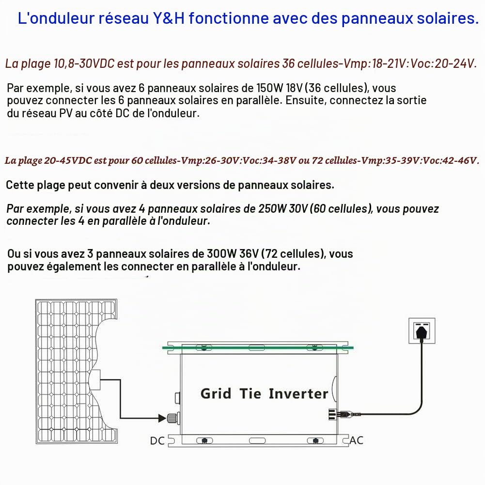 Y&H Onduleur solaire MPPT - 1000 W - Entrée solaire 15-28 V CC - Pour panneau solaire 12 V - Sortie CA 190 V-260 V - Alimentation sinusoïdale pure reliée