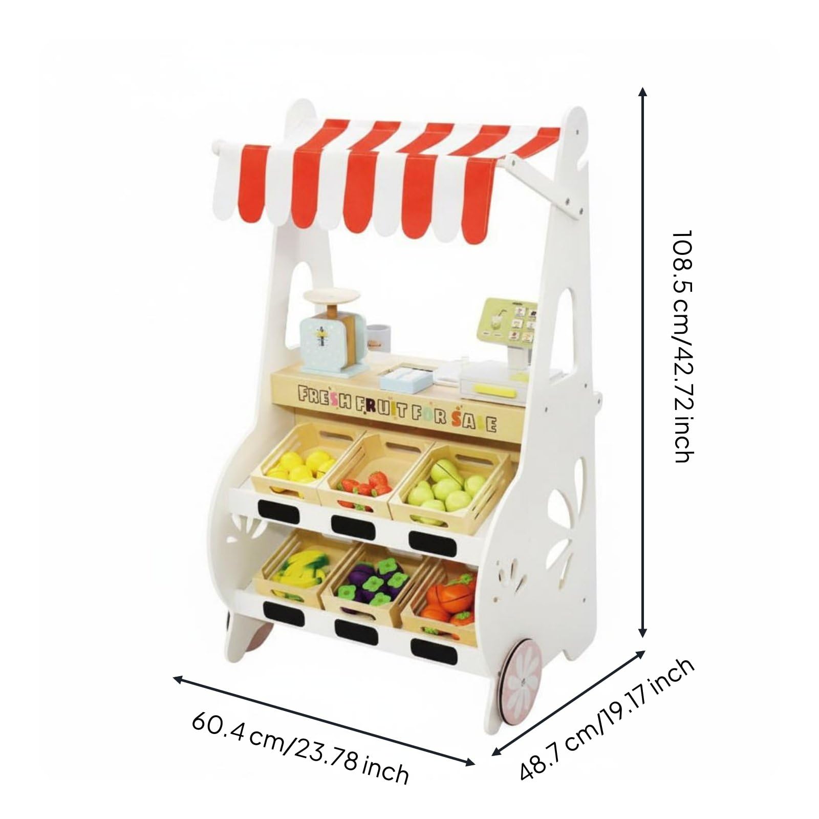 Harilla Kinder Kaufladen Holz Marktstand Spielset Obstregal Rollenspiel Zubehör Inklusive Ausziehbox Räder Tafel für Vorschule Spielzimmer Gemeinsames Spielen