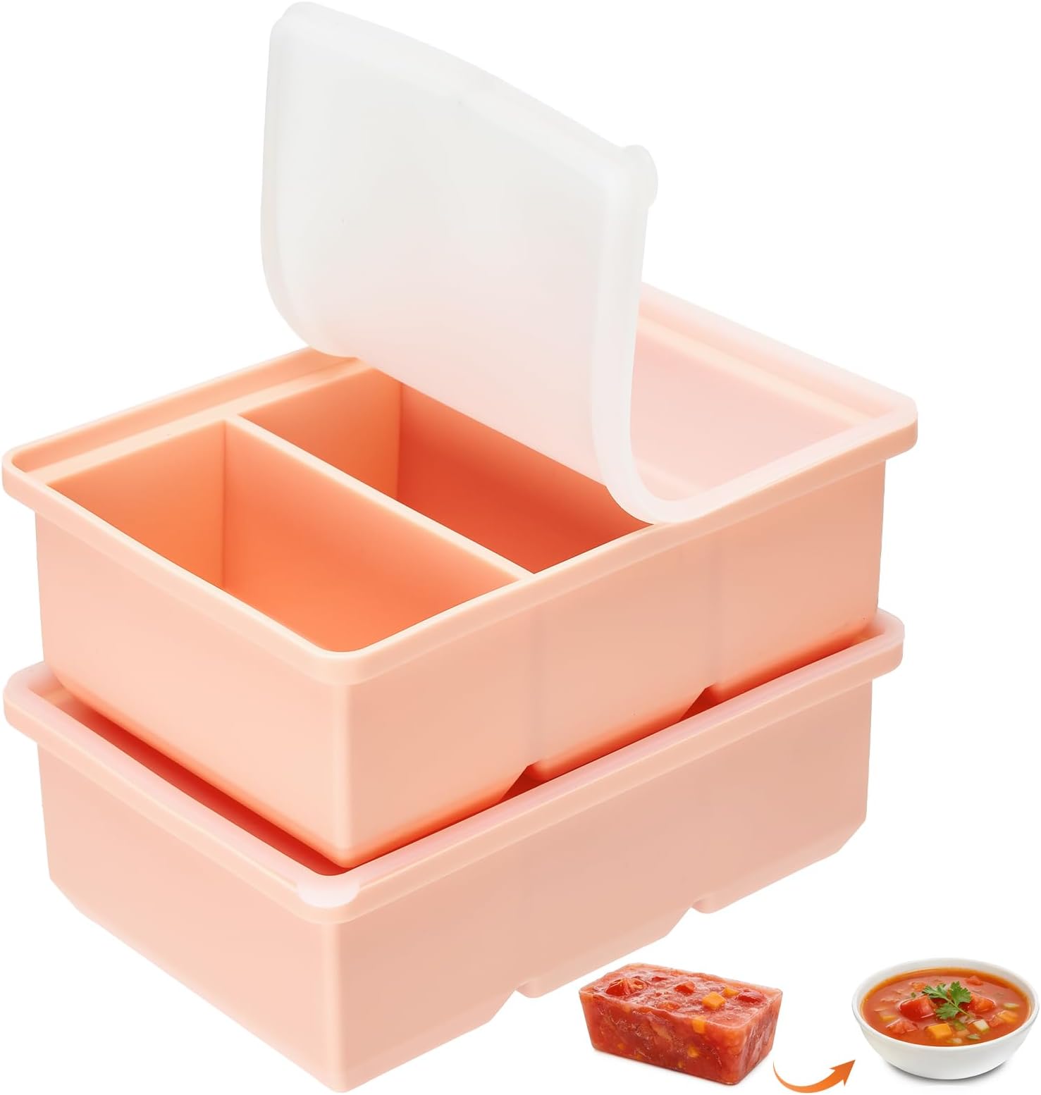 2 Pack Freezer Trays For Batch Cooking, 660ML Freezer Containers with Lid, 3-Compartment,1-Cup/220ML Portions Cubes, Freezer Tray for Meal Prep, Soup, Sauce (Pink)
