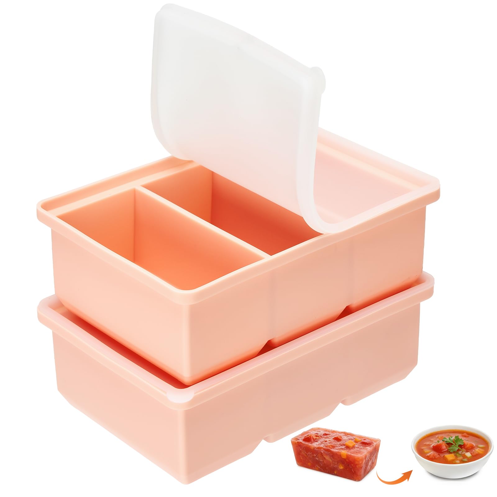 2 Pack Freezer Trays For Batch Cooking, 660ML Freezer Containers with Lid, 3-Compartment,1-Cup/220ML Portions Cubes, Freezer Tray for Meal Prep, Soup, Sauce (Pink)
