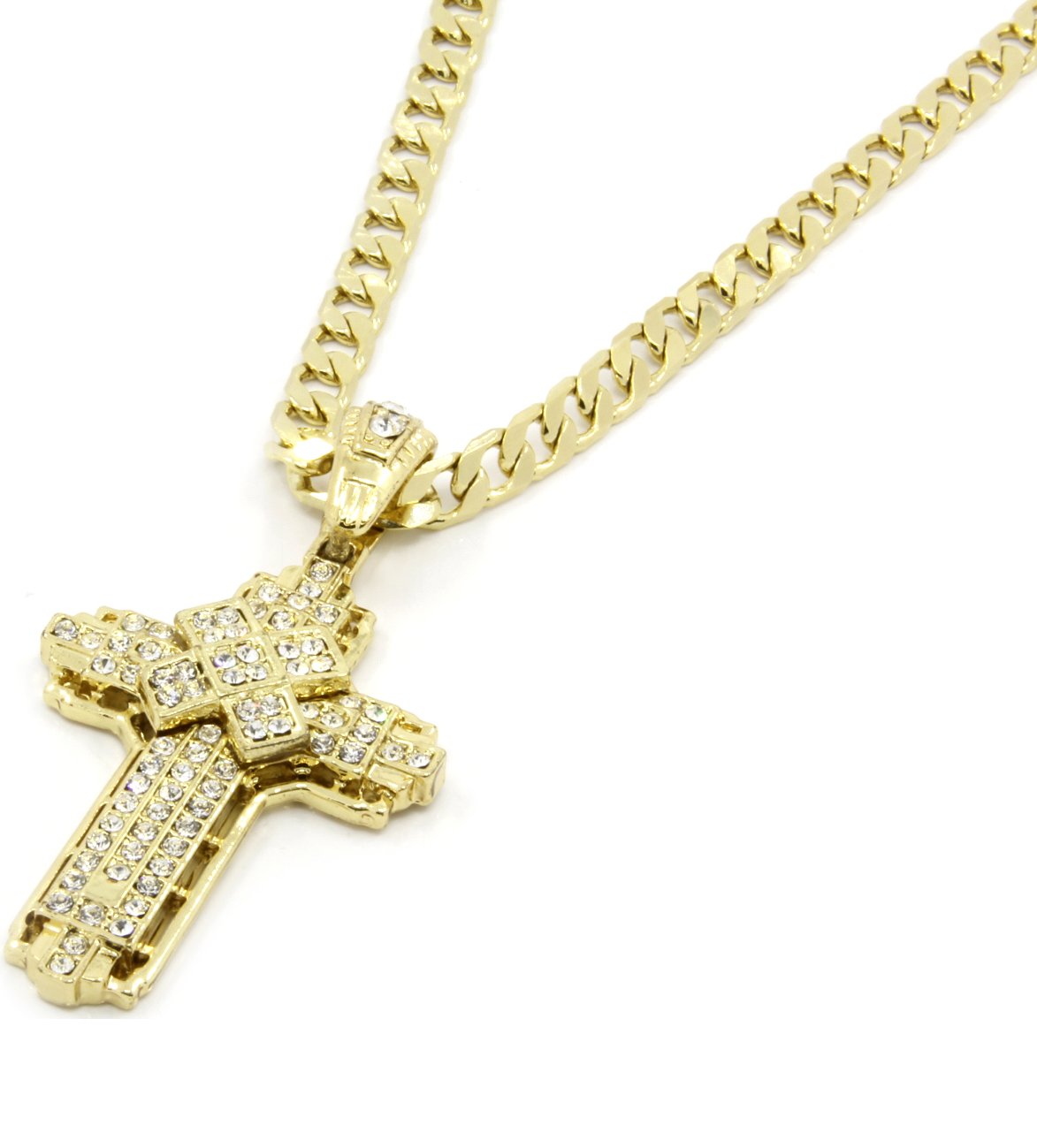 Mens Clear CZ Cz X Gold Tone Cross Pendant Hip-hop 24" 5mm Cuban Chain