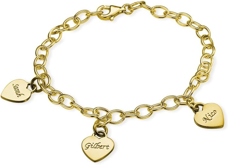 MYKA - Personalized Paperclip Bracelet with Engraved Dangle Heart Shape Charms - Sterling Silver 925 or Gold Plating - Custom Made Jewelry - Dainty Gift For Her, Mom, Mother, Women - For Mother's Day, Xmas, Christmas, Birthday