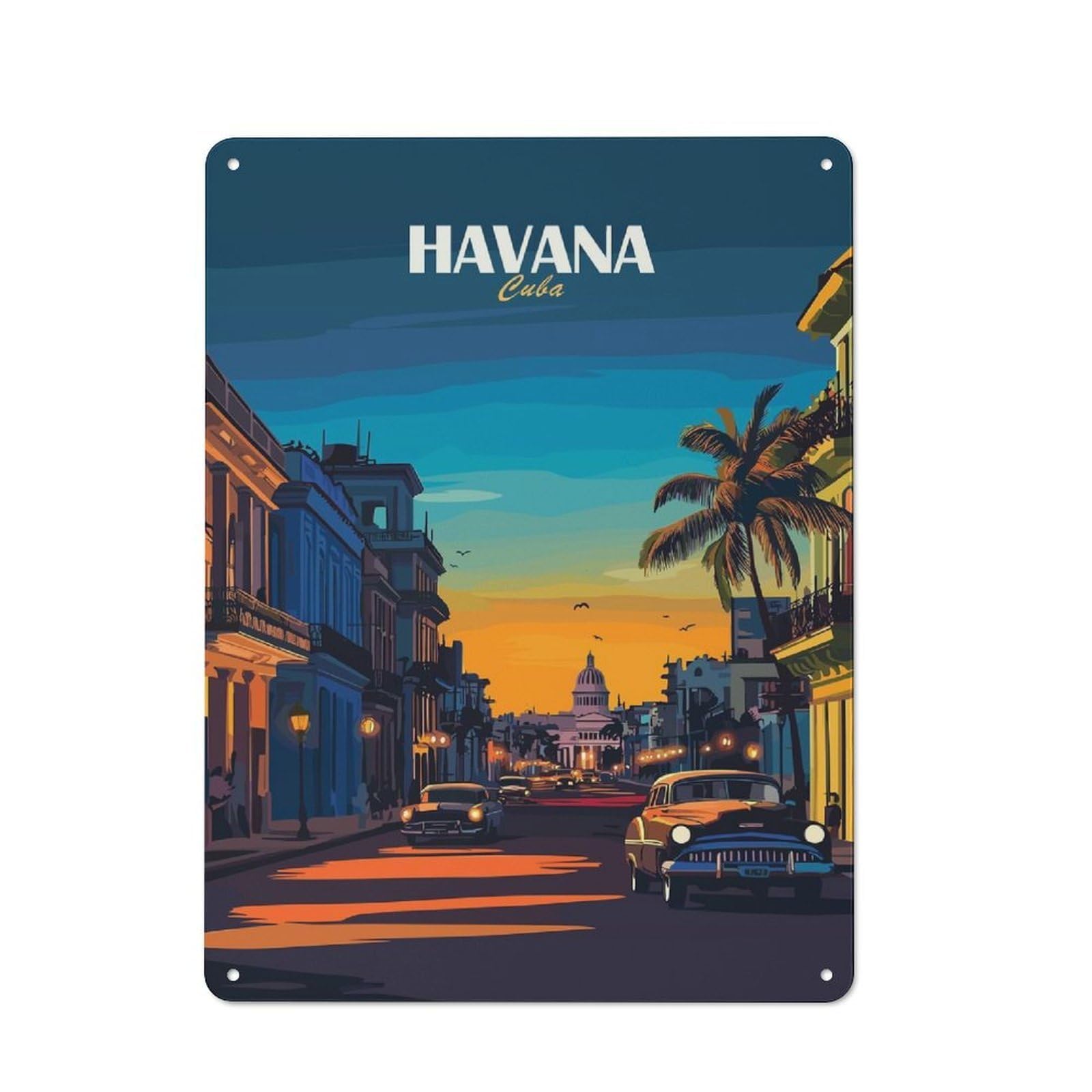 Junmoney Style-11 Havana Cuba Cityscape Illustration Vintage Tin Sign 40X30cm For Garage Wall, For Everyday Room Decor With A Vintage Look