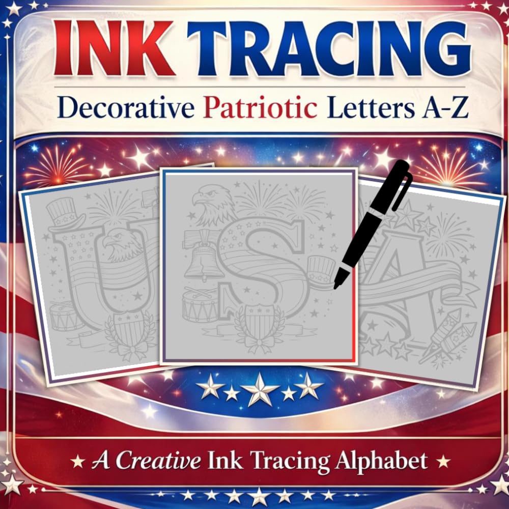 Ink Tracing Decorative Patriotic Letters A-Z: United States of America -patriotic imagery and national symbols woven into each illuminated letter.