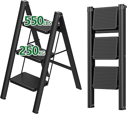 LOOKMINT 3 Steps Ladder, Non-slip Wide Treads Step Stool, Foldable Portable Ladder Stool, Indoor Multifunctional 600lbs Capacity Safety Household Ladder, Black