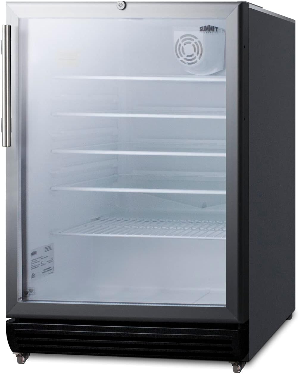 Summit Appliance SCR600BGLMBL Commercial 5.5 Cu.Ft. Glass Door 24" Wide Beverage Center with Stainless Steel Work Surface, Front Lock, Automatic Defrost and Pre-Installed 1" High Casters