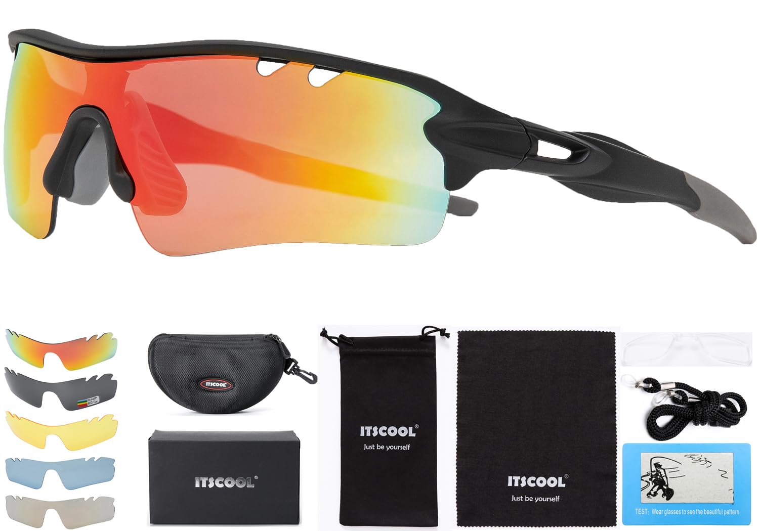 ITSCOOL Polarized Sports Sunglasses with 5 Interchangeable Lenses for Men Women Softball Baseball Running Cycling Glasses