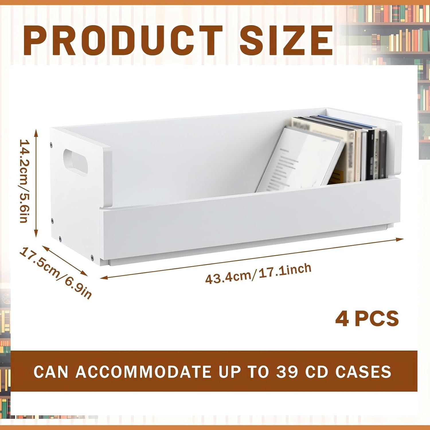 4 Set Wooden CD Storage Box Holder Shelf Cassette Tape Display Racks with Carrying Handles, Organizer Shelf for Movie Cases, DVDs, Each Set Can Store up to 36 Pcs CDs (White)