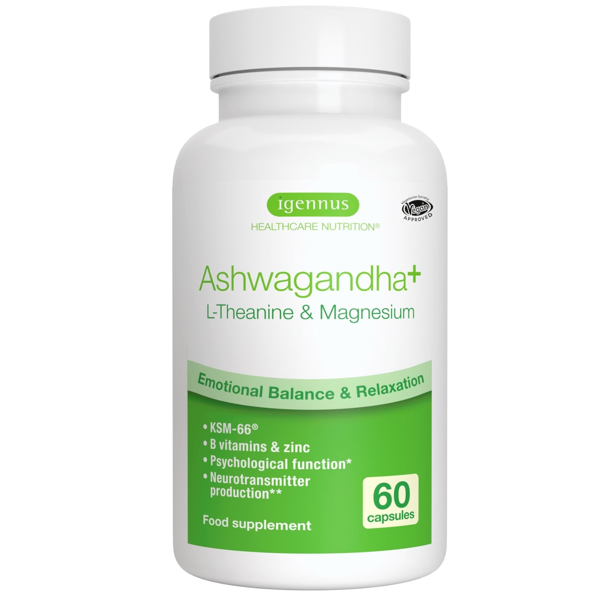 Igennus hochdosierter Ashwagandha Anti-Stress Komplex, KSM-66 Wurzelextrakt & L-Theanin & Magnesium, methylierte B-Vitamine, Adaptogen-Komplex für Entspannung & Schlaf, Clean Label, 60 vegane Kapseln