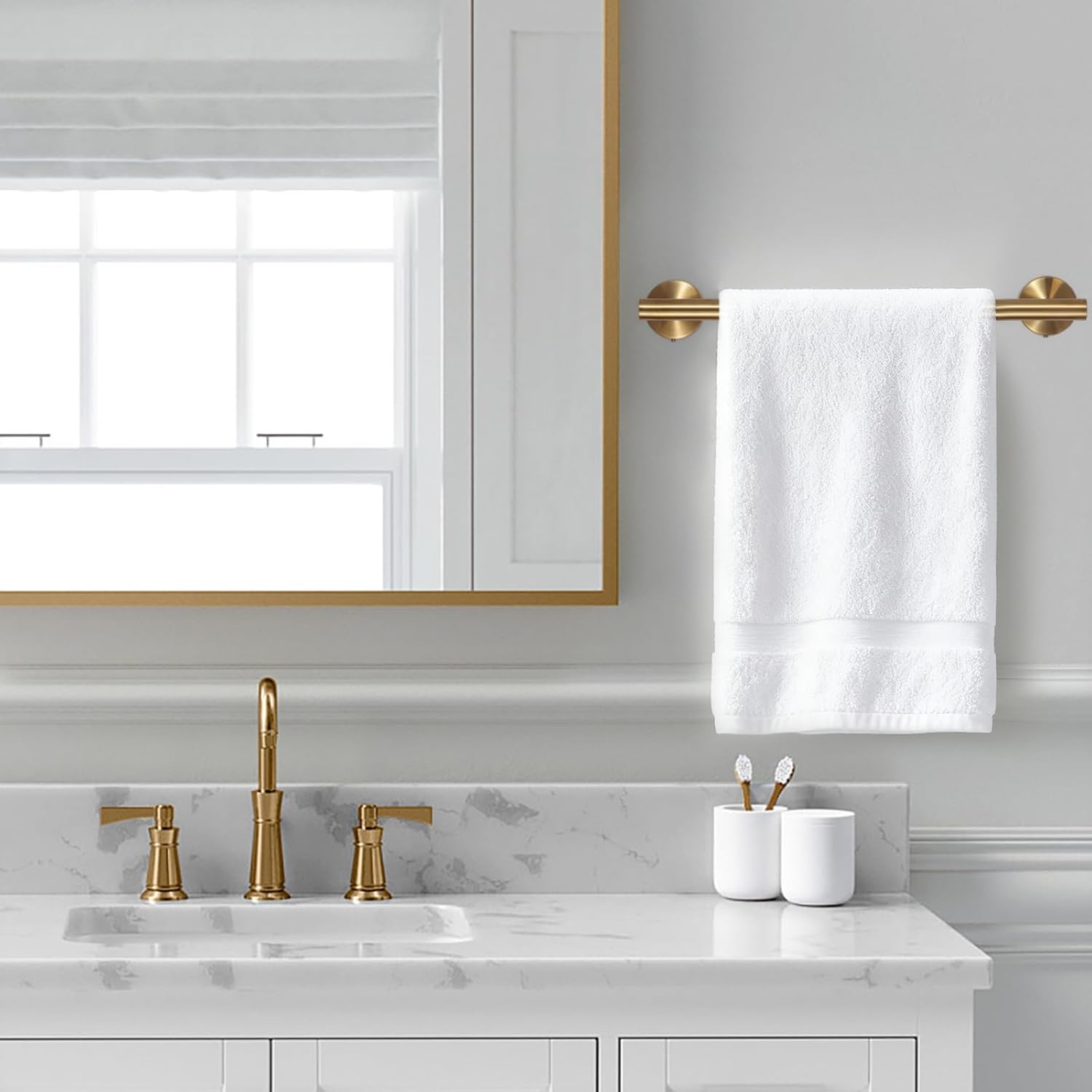 7Pcs Brushed Gold Bathroom Hardware Set - SUS Towel Racks for Bathroom Wall Mounted, Modern Accessories Includes 15.7 Inch Towel Bar & Ring, Toilet Paper Holders, Robe Hook - Need Drilling