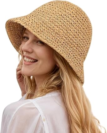 Womens Floppy Straw Sun Hat Foldable Wide Brim Summer Beach Hats Packable Roll Up Crochet Bucket Hat Sun Protection