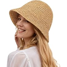 Womens Floppy Straw Sun Hat Foldable Wide Brim Summer Beach Hats Packable Roll Up Crochet Bucket Hat Sun Protection