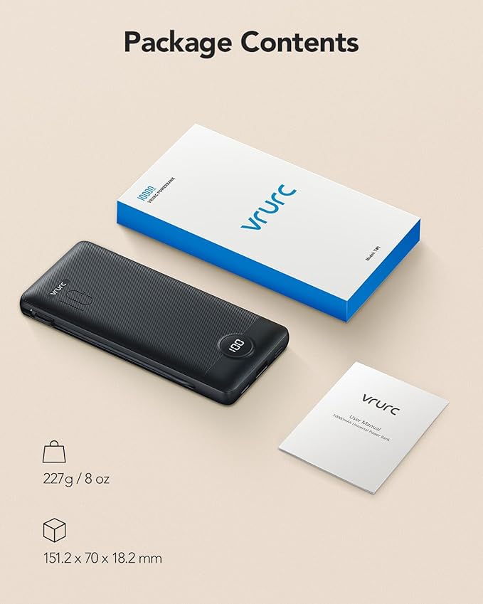 Cargador portátil VRURC 10000mAh con cables y enchufe de pared miniatura 8