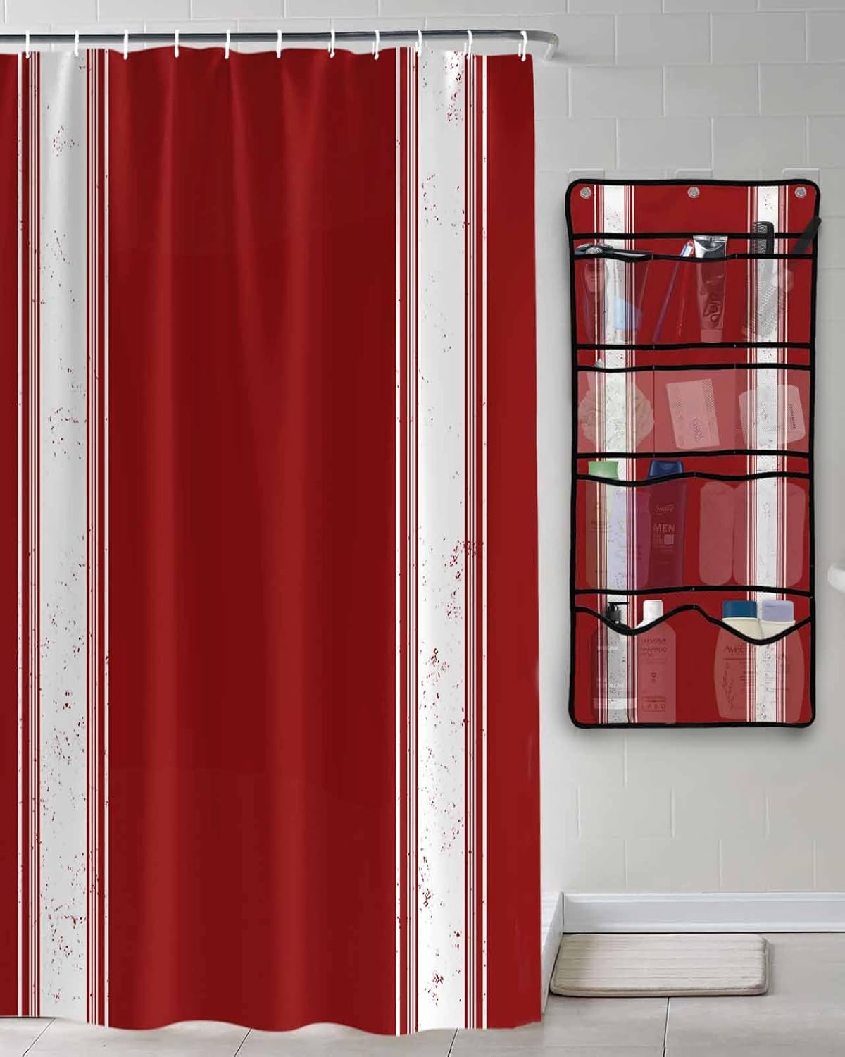 Shower Curtain Mesh Shower Organizer Hanging Set Christmas Farmhouse Red Stipe Waterproof Shower Curtains with 10 Pockets Quick