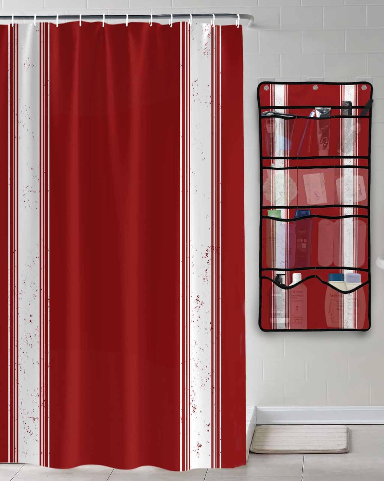 Shower Curtain Mesh Shower Organizer Hanging Set Christmas Farmhouse Red Stipe Waterproof Shower Curtains with 10 Pockets Quick