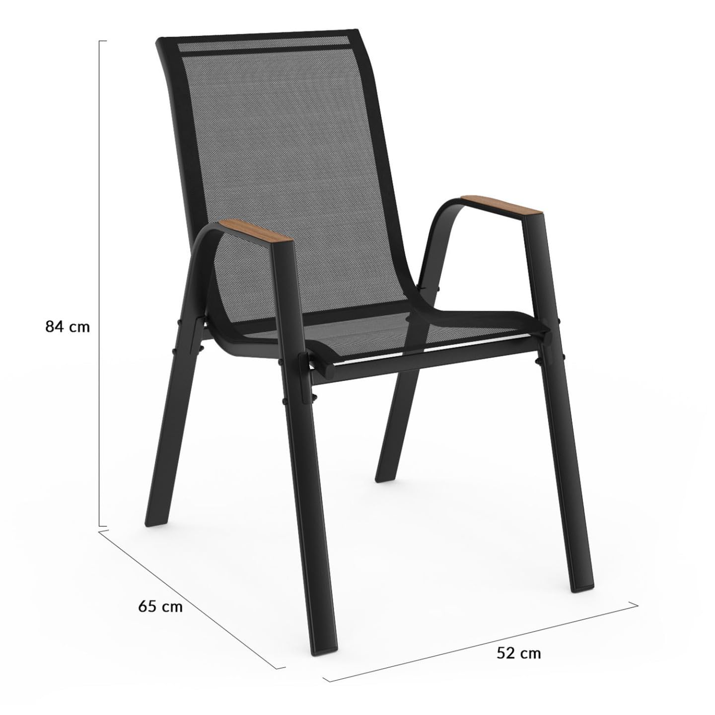 IDMarket NOUMEA - Juego de 4 sillas de jardín (metal y textileno, apilables, color negro y madera)