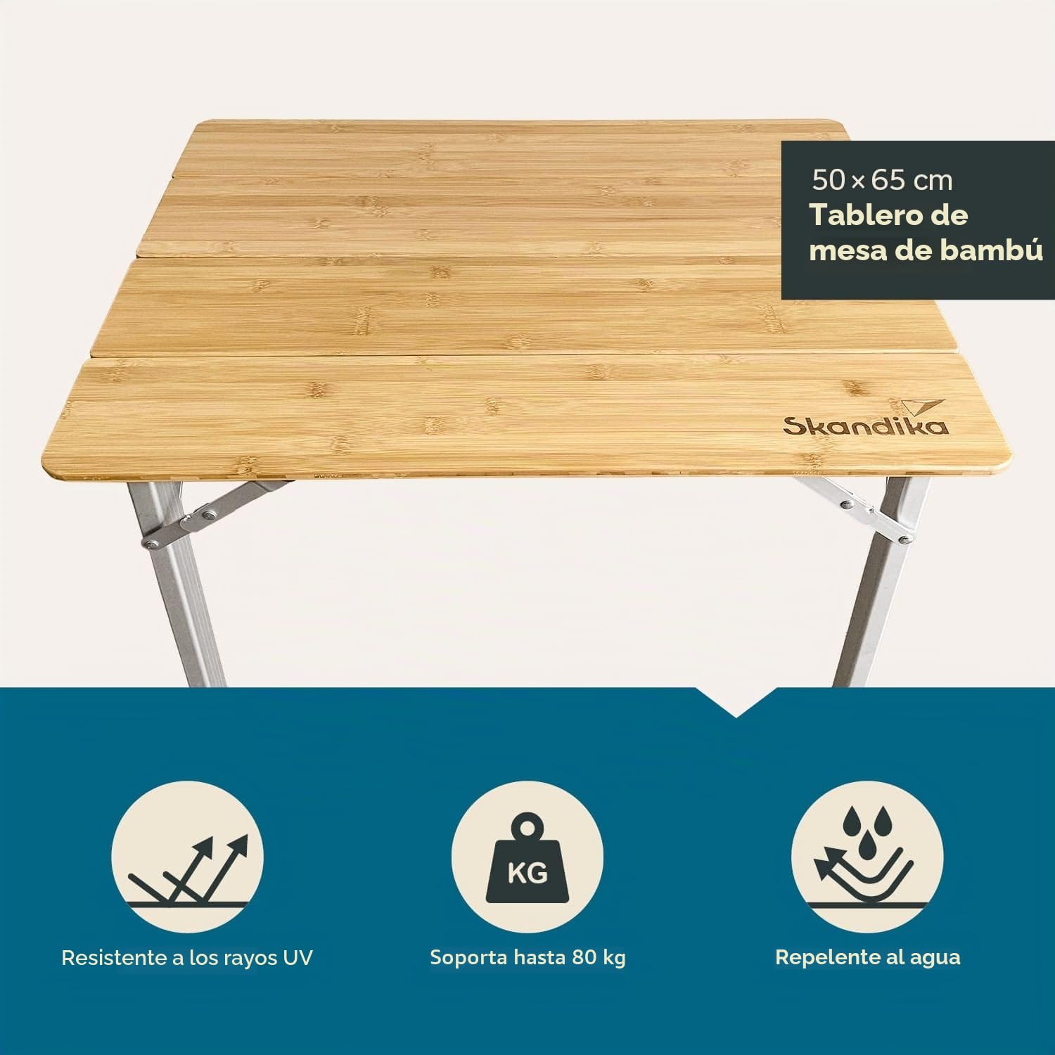 skandika Tolja | Mesa de Camping de bambú Plegable, Estante de Rejilla, Varios tamaños, Regulable en Altura en 3 Posiciones, Aluminio, Madera, Resistente a la Intemperie (65 x 50 x 65 cm)