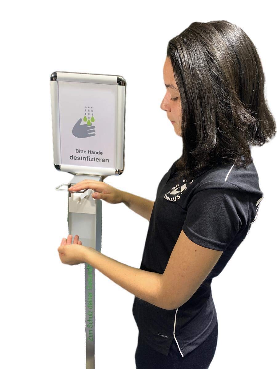 Hygienestation HS-600 mit Schild für Desinfektionsmittel | 500ml Behälter | Sockel Edelstahl verkleidet