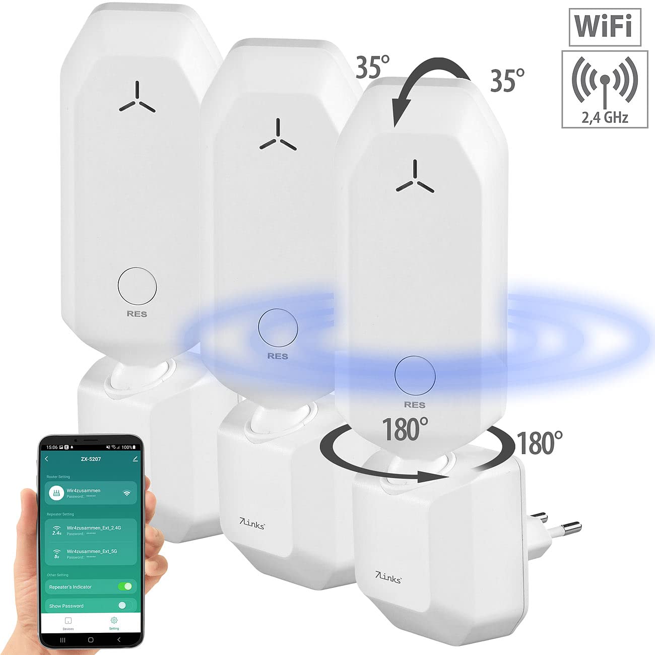 7links Komapkter WLAN-Repeater: 3er-Set WLAN-Repeater mit ausrichtbarer Antenne, App, 300 Mbit/s (MIMO-Antenne, für den Innenbereich, Verstärker Steckdose)