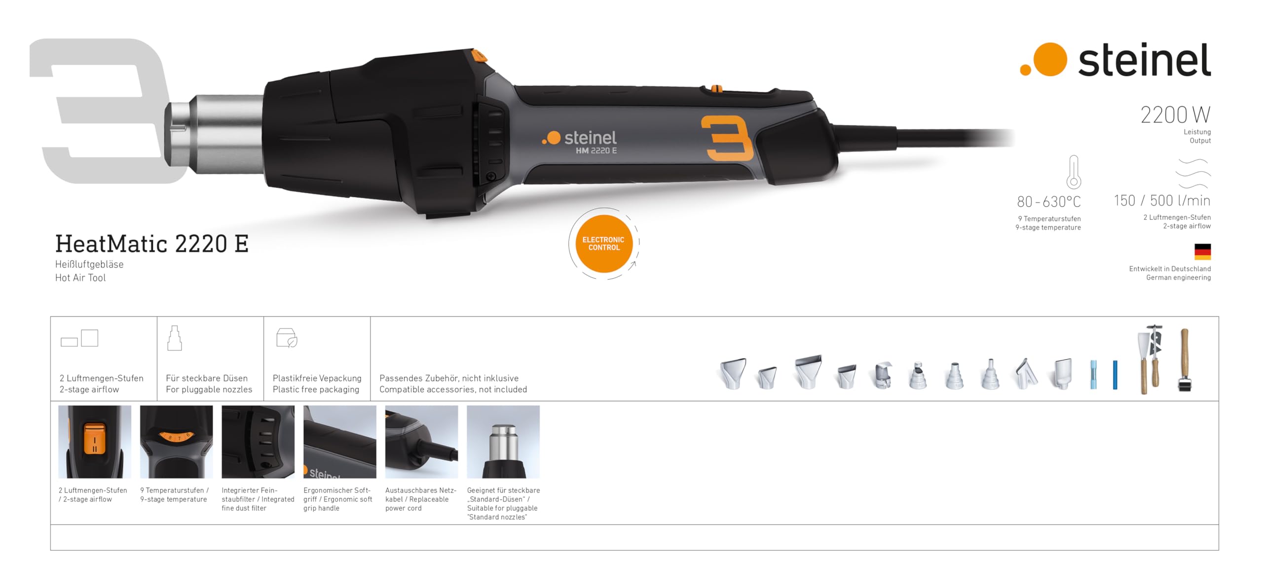 Steinel Heißluftpistole HM 2220 E, 2200 W Stab-Heißluftgebläse, Temperatur 80°-630°C, Heißluftfön mit Keramikheizung, 3m Kabel