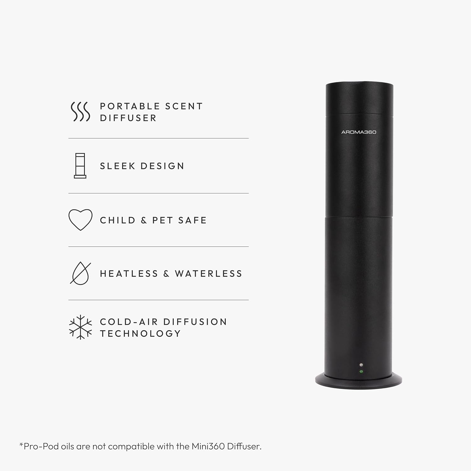 Aroma360 - Mini360 Scent Essential Oil Diffuser - Cold-Air Diffusion Technology - 400 sq. ft. Coverage - Waterless Air Diffuser for Home, Office & Hotel-Black - Works Exclusively with Regular Bottles