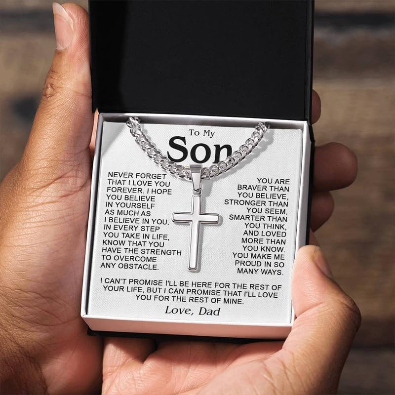 Stainless Steel Cuban Cross Necklace for Son - Heartfelt Gift with 8 Personalized Message Cards - Durable Chain Jewelry for Birthday, Graduation, Christmas - Image 3