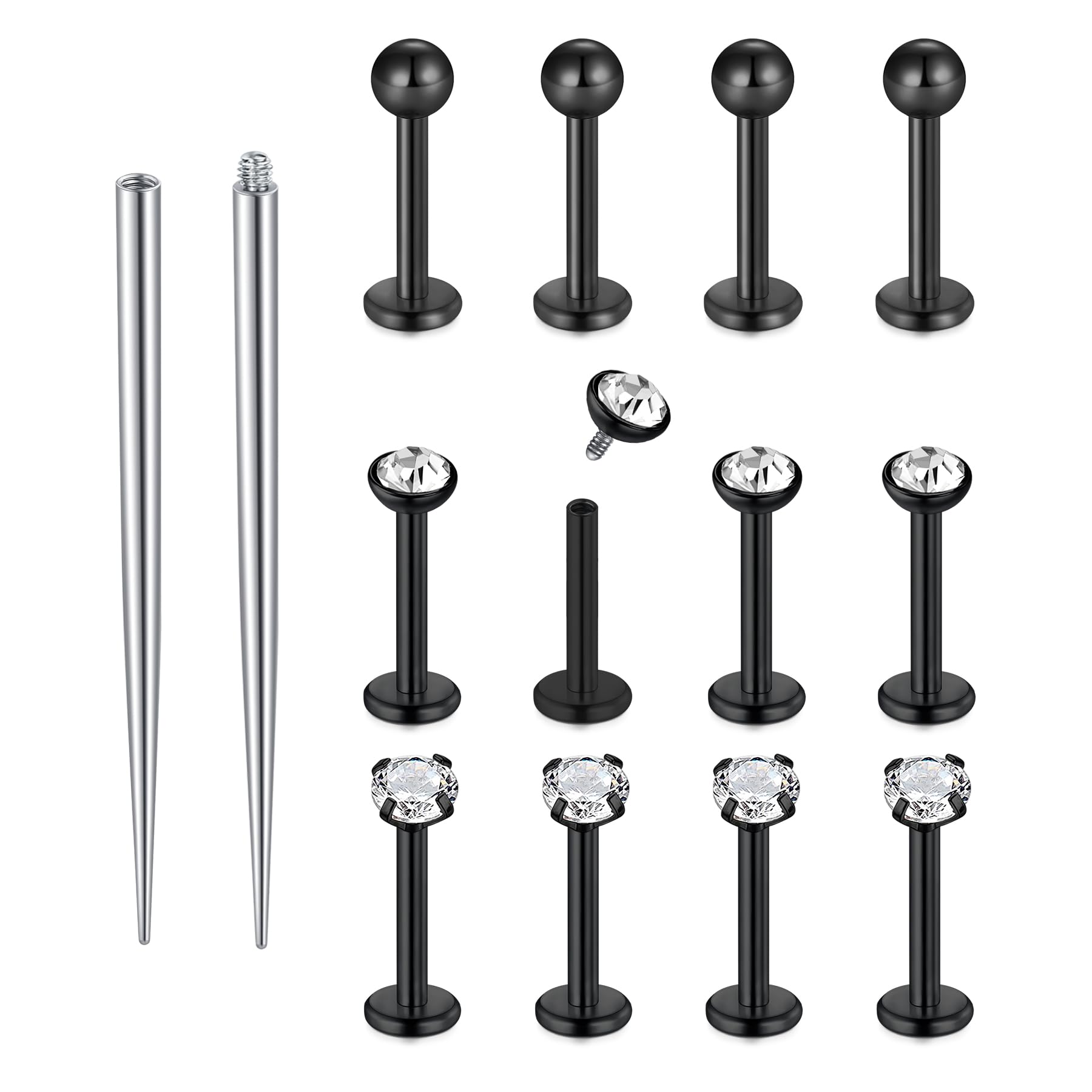 Funseedrr 12 Stücke Lippenstecker & Labretstangen mit Piercing-Taper, Edelstahl & Zirkon 16G 6/8/10 mm Silber/Gold/Schwarz für Helix Tragus Labret Ohr Stecker Lippe Nase Piercing-Schmuck