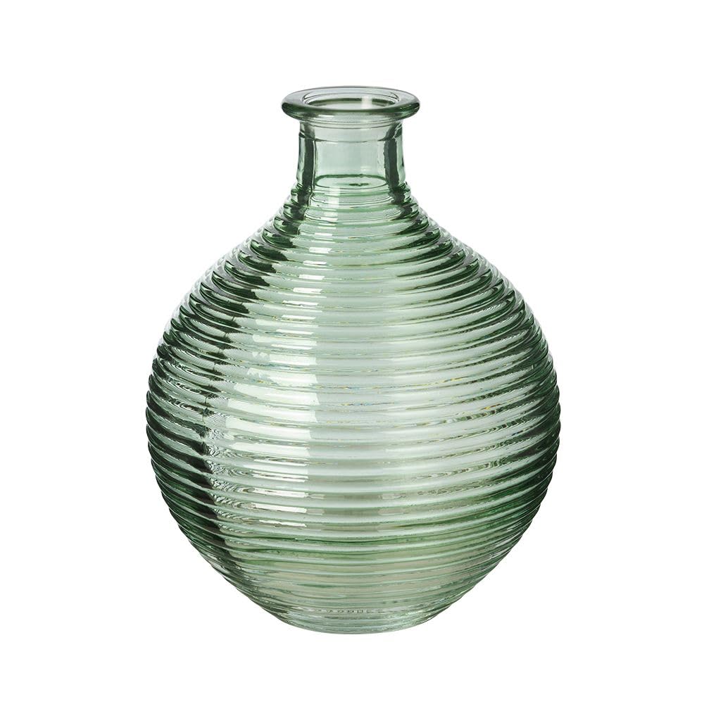 Evelyn Green Ribbed Glass Bottle Vase - H:15 x Ø:12cm - Flower Stem Leaf Spray Vase