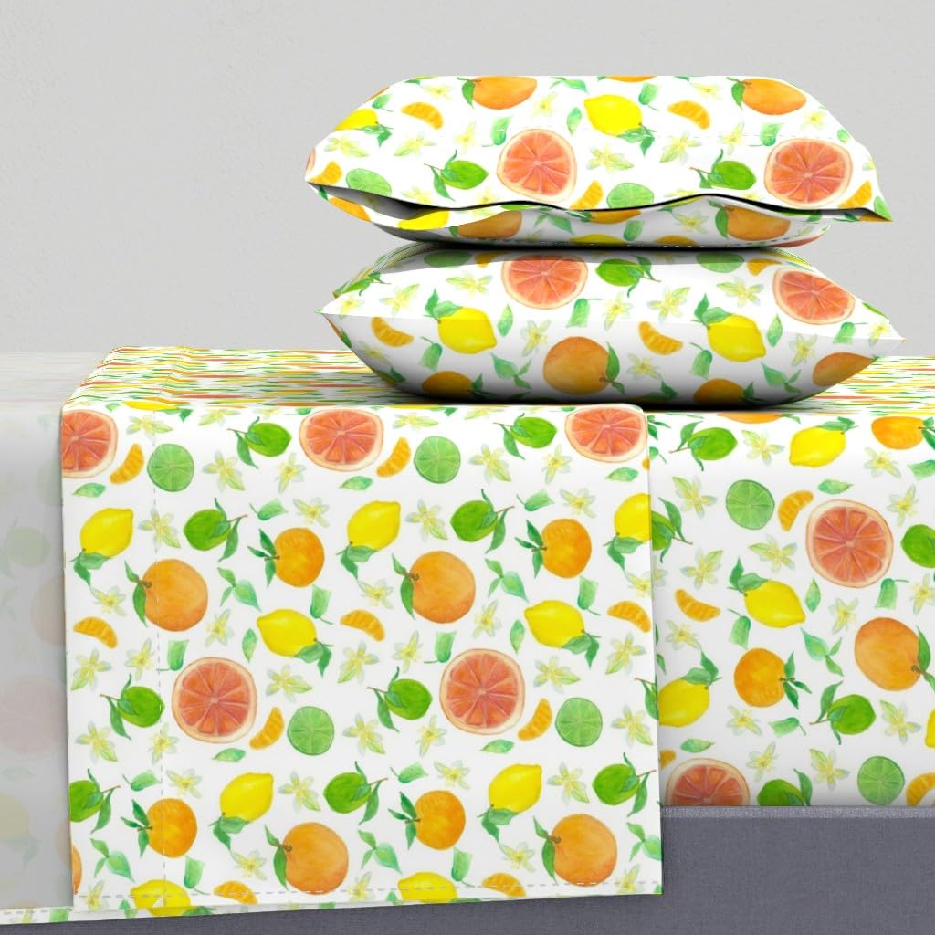 Spoonflower 100% Cotton Sheets, Full 4pc Set - Watercolor Citrus Fruits Orange Fruit Summer Lemons Limes Print Custom Bedding