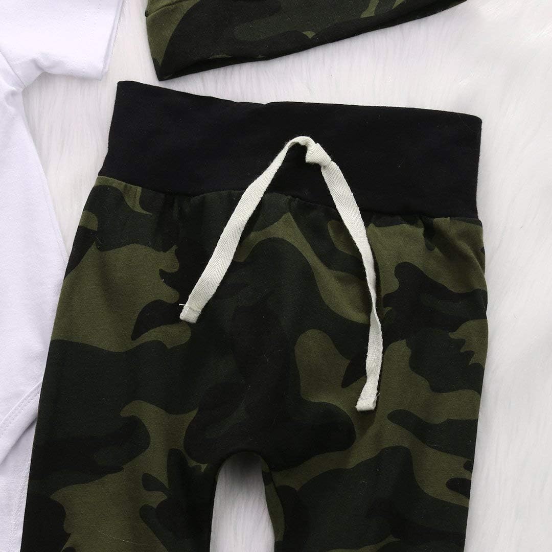 Cute 3pcs Newborn Baby Boys Letter Print Romper+Camouflage Pants+Hat Outfits Set (0-3Months, White&Outta) - Image 4