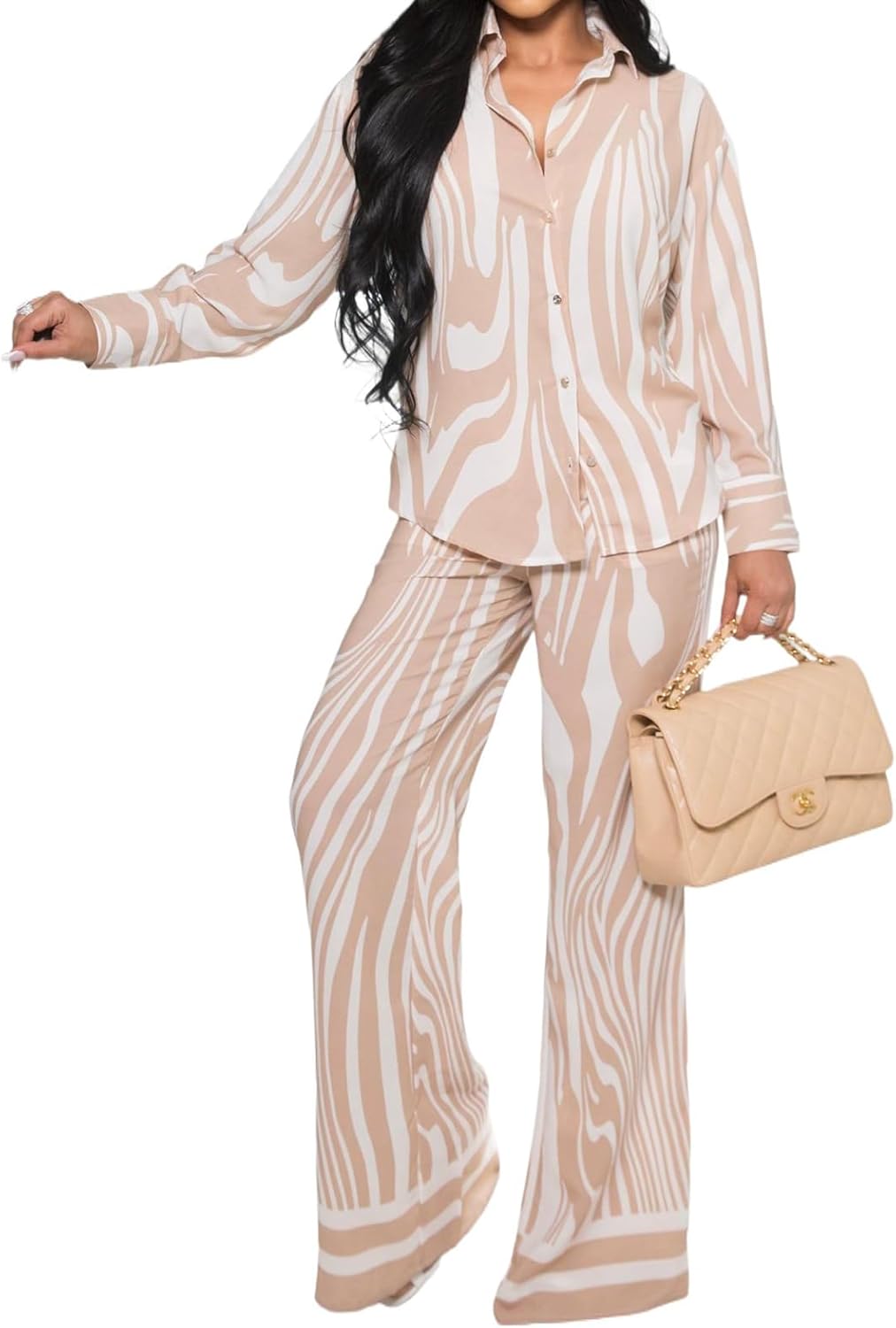 DvaeMalligo 2 Piece Sets for Women Long Sleeve Button Down Shirt Wide Leg Long Pants Sets Casual Two Piece Outfits - Image 2