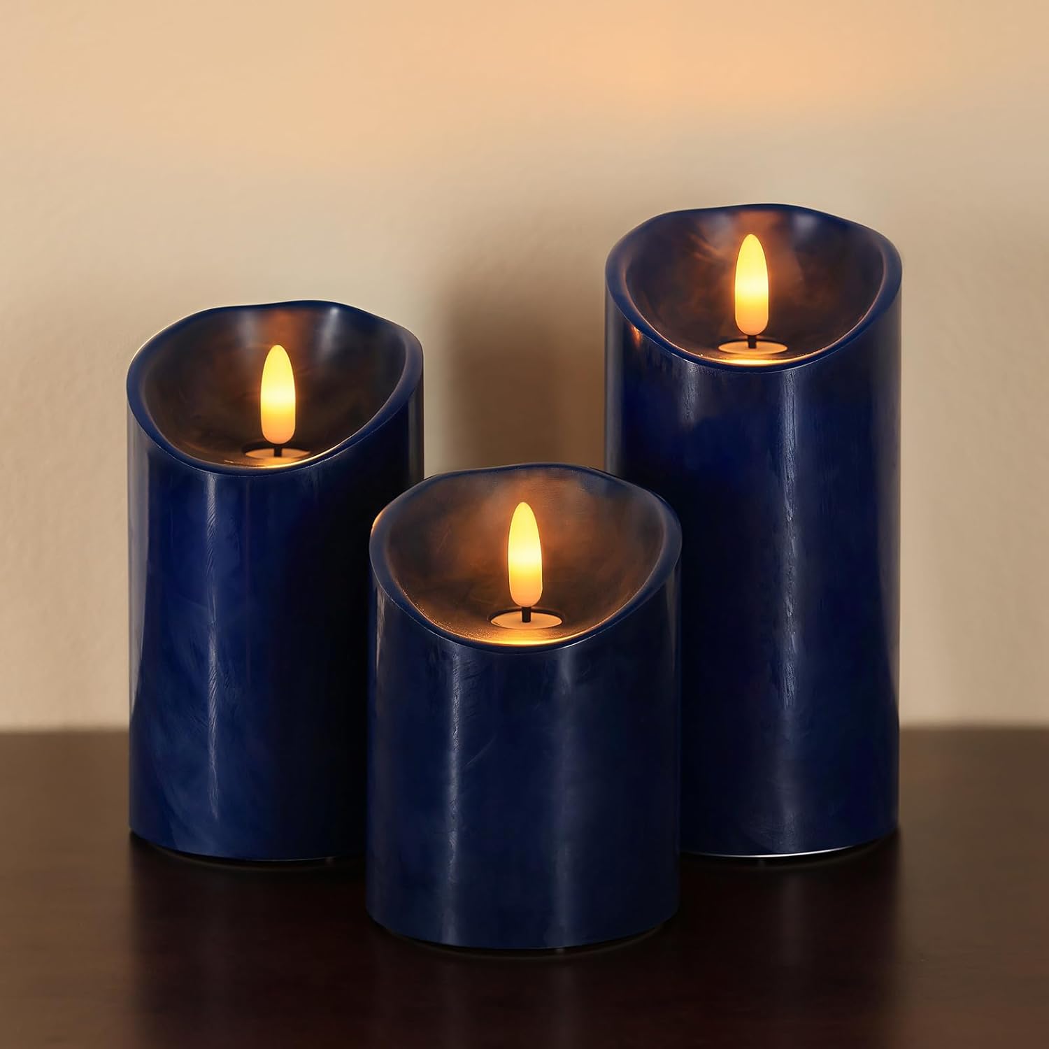 Blue Flameless Candles with Remote Timer, Real Wax LED Candles Flickering, 3D Wick Fake Candles Candles Battery Operated for Home Living Room Wedding Party Gifts, Navy Blue Decor, Set of 3