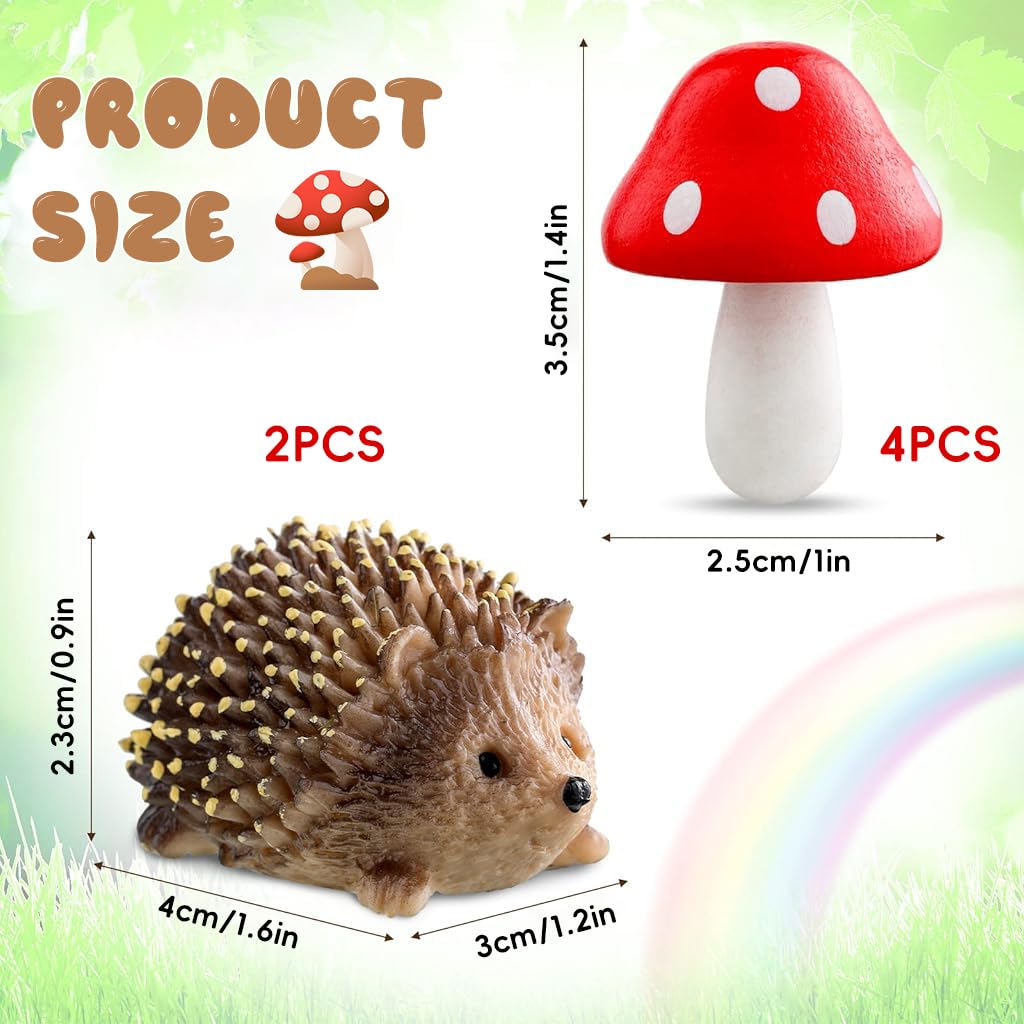 Supvox® 6Pc Miniature Garden Decor - Resin Hedgehogs & Wood Mushroom - Fairy Garden Decor - Moss Landscape Miniature Decorations - Suitable for Moss Landscape, Garden Ornaments, Flower Pots, Dollhouse - Image 2 thumbnail