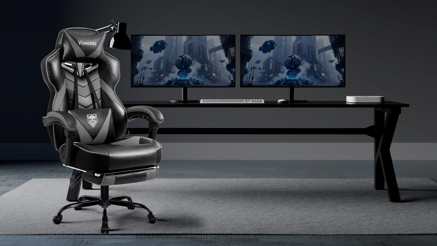 Vonesse Gaming Chair, High Back Gaming Chair with Footrest and Massage, Gaming Chairs for Adults with Pocket Spring Cushion, Big and Tall Reclining Computer Chair with Lumbar Support (): Grey/Black