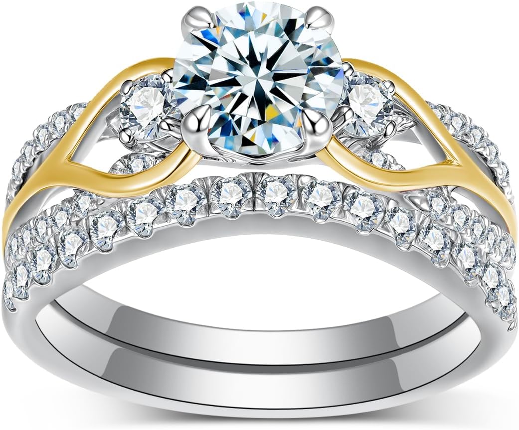 Three Stones Moissanite Wedding Ring Set Bridal Sets, 10K 14K 18K Real Gold Two Tone Engagement Ring Sets GRA Certified for Her Women Gift for Anniversary Wedding Free Engraved