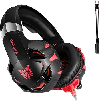 Gaming Headset for PS4 PC Xbox One Controller Wired Gaming Chat Headphone 7.1 Surround Sound Noise Cancelling Microphone LED Blue Light Gaming HeadsetRed