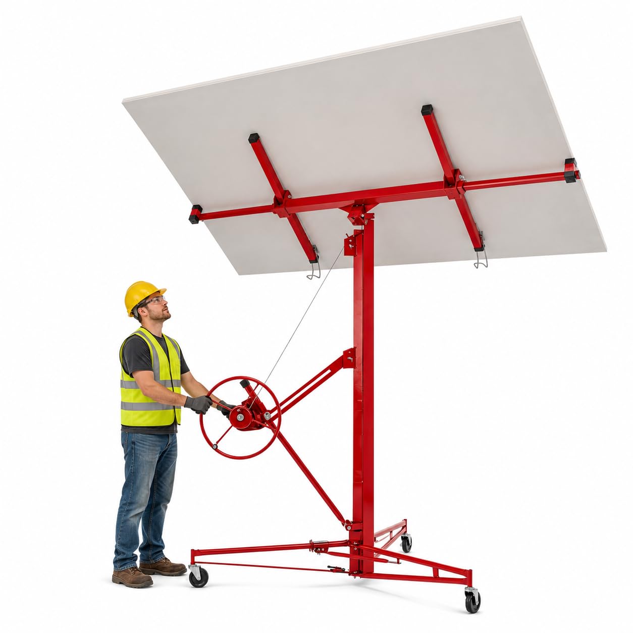 Gipskartonheber Teleskop, Plattenheber höhenverstellbar 140-350cm, 60° neigbar, bis 68kg/150lbs, 3 Lenkrollen, Deckenlift für Trockenbau, Rot