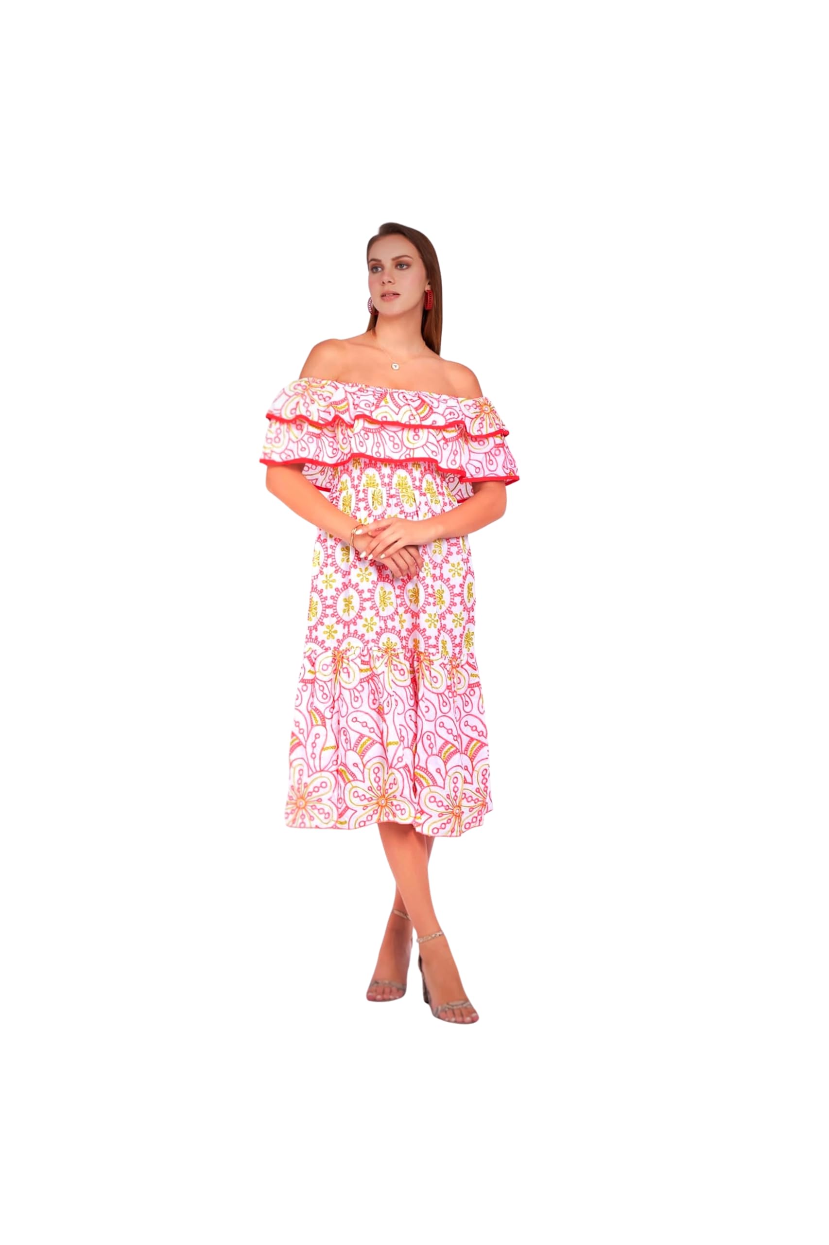 Women's Off-Shoulder Ruffled Smocked Midi Dress - Vacation Chic Summer Sundress | Flowy Maxi Beach Party Outfit Size M-image-38