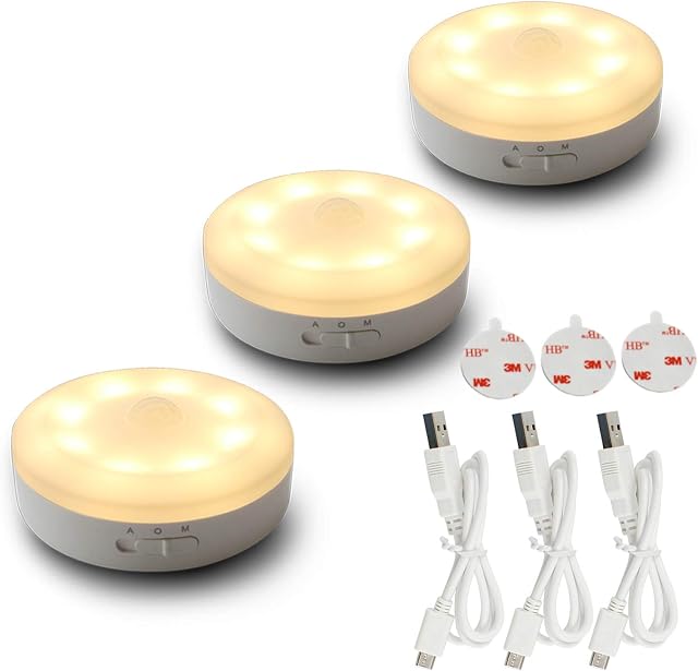 Rechargeable Motion Sensor Light 1000mAH LED Puck Lights, Stick Anywhere Light, Cordless Closet Light, Automatic Under Cabinet Lighting for Counter,Pantry,Wardrobe,Hallway,Stairs,Warm White 3 Pack