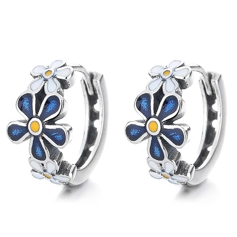 Kokoma Vintage Blue Daisy Flower Small Hoop Earrings for Women 925 Sterling Silver Daisy Huggie Hinged Hoops Cartilage Earrings Elegant Ear Jewelry