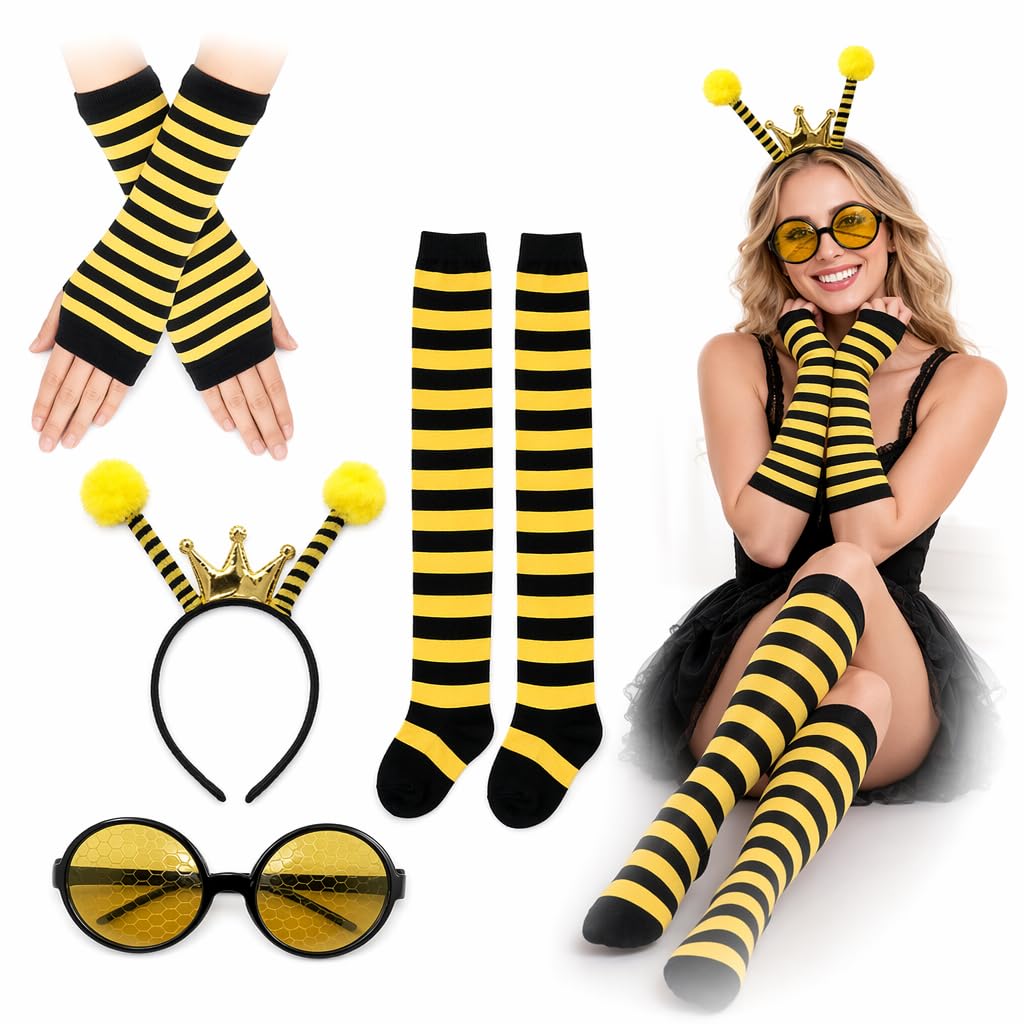 XcnPer Bumble Bee Costume Kids, Bee Costume Adult with Bee Wings, Complete Set for Halloween Parties and Themed Events, Includes Headband with 11 Eyes, Gloves and Socks