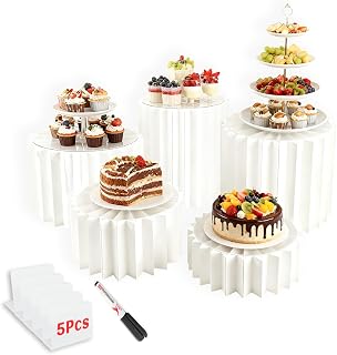 5pcs Dessert Table Display Set,White Buffet Risers for Catering Supplies Buffet Display,Acrylic and Cardboard Foldable Cake Display Stands for Parties Birthday Wedding Pillars Decoration