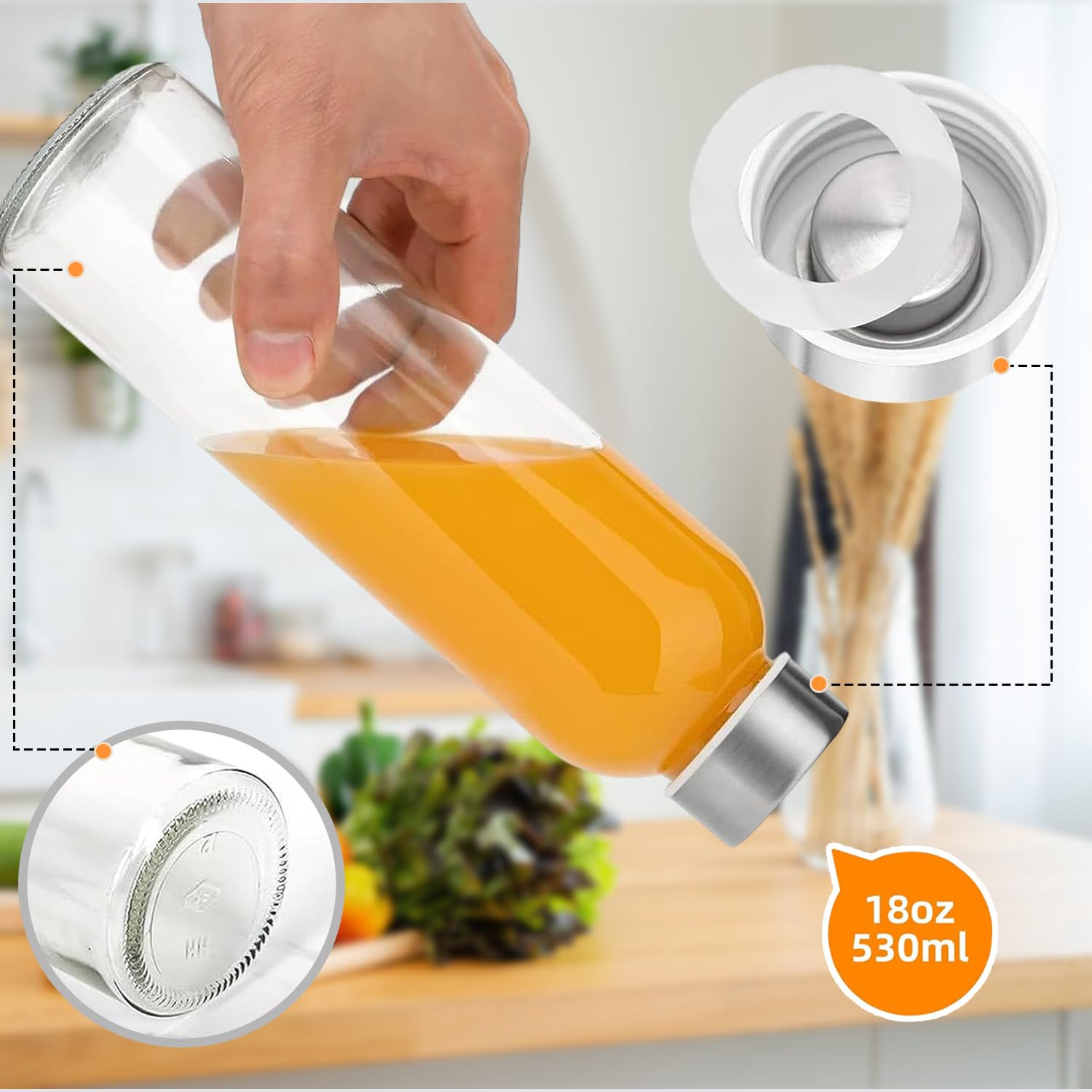 10 bottiglie di vetro con coperchio, 530 ml, riutilizzabili, per succhi di frutta, bottiglie d'acqua in vetro trasparente, a prova di perdite, con tappo ermetico in acciaio inox per
